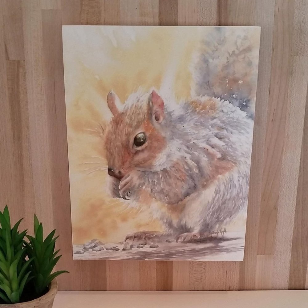Squirrel Watercolor print on Wood Panel. 8" X 11" Gift.